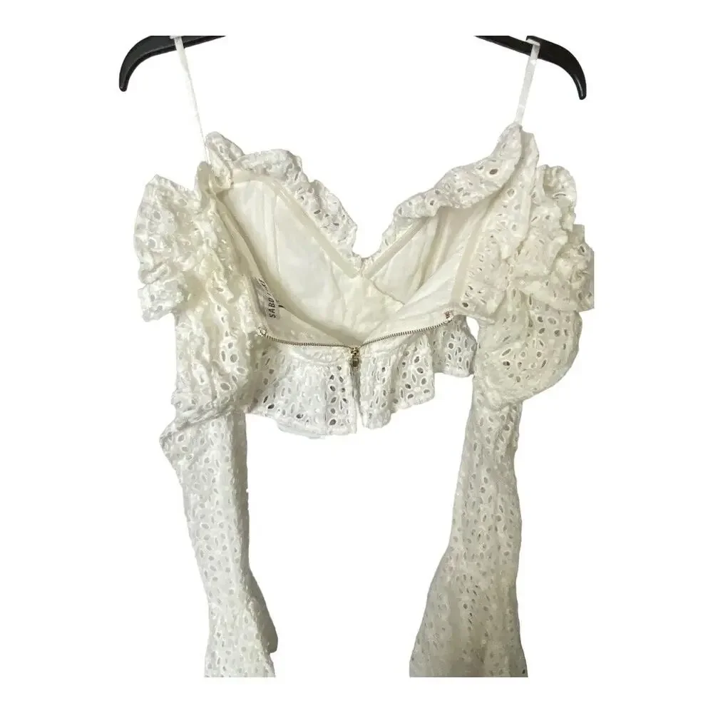 Sabo Luxe Women's Size Small Bell Sleeve Crop Top White Lace Eyelet Zip Up NWT
